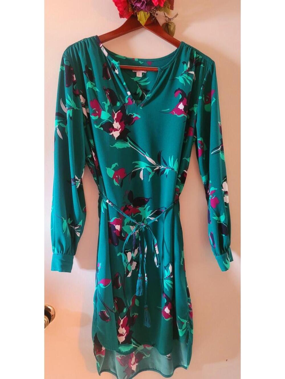 Merona XL Green Floral Long Sleeve Dress